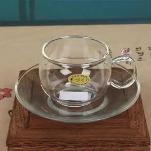 고품질 핑크장미 손잡이 유리찻잔 받침세트 120ml 유리다기 (W15A34E)