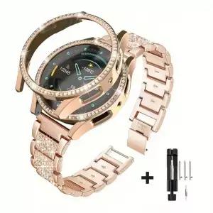 삼성 갤럭시 워치 7 FE 6 5 4 44mm/40mm 용 라인스톤 시계 스트랩+PC 케이스 강화유리 보호 커버 메탈 밴드