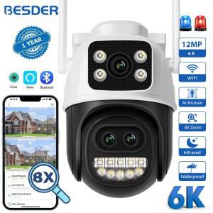 경고등 BESDER 12MP 6K PTZ Wifi 카메라 듀얼 8배 디지털 AI 인체 감지 야외 8MP CCTV IP 보안 보호 iCSee
