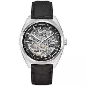 Bulova 남성용 오토매틱 드레스 클래식 서베이어 시계 블랙 가죽 스트랩 풀 스켈레톤 다이얼 42시간 파워