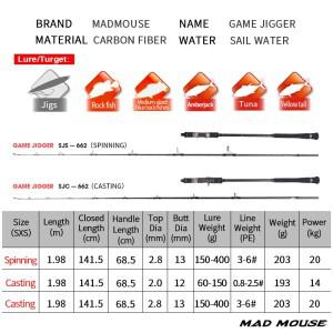 MADMOUSE 일본 후지 부품 느린 막대 게임 jigger1.98M PE 3-6 JIG150-400G 20kgs 스피닝/캐스팅 보트 바다