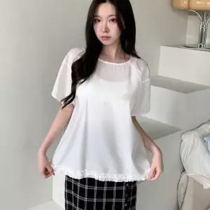 [옷자락]여자 미니멀 시스루 밑단 프릴 반팔 블라우스