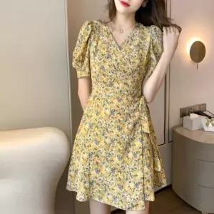 CCO5B90여성용 러블리 플라워 브이넥 랩 미니 드레스