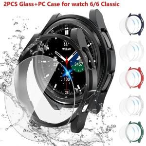 2PCS 유리 + 케이스  호환 갤럭시 호환 시계 6 클래식 43mm 방수 PC 범퍼 커버 화면 보호기 Watch6