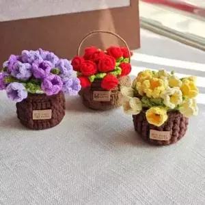 식물 냄비와 장미 크로 셰 뜨개질 컵 받침 수제 니트 꽃 꽃다발 터 커피 테이블 매트 플레이스 홈 오 장식