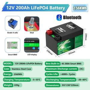 LiFePO4 12V 200Ah 배터리 팩 2.56Kwh 6000+ 사이클 블루투스 리튬 가정용 태양광 RV 에너지 저장용
