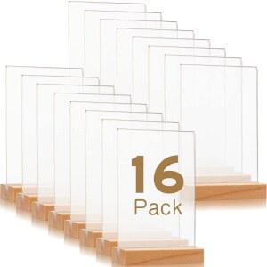 빈소 16 팩 4 x 6 인치 나무 베이스 T 모양 표지판 홀더 수직 빈 스탠드 데스크톱 디스플레이 플라스틱 메뉴 프레임 양면 플라이어 웨딩 레스토랑 파티 장식용