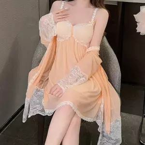 여성 슬립 가운 원피스 잠옷 세트 레이스 브이넥 파자마 루즈핏 홈웨어