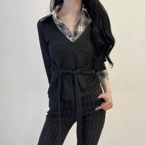 [하프클럽/]여자 레이어드 체크셔츠 허리끈 긱시크 칠부 티셔츠