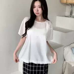 여자 꾸안꾸 미니멀 시스루 밑단 프릴 반팔 블라우스