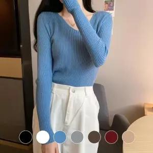 티셔츠 여성니트티 크롭니트 니트 브이넥 골지 가을 (WD8E99E)