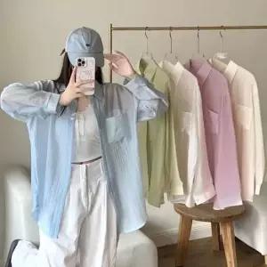 셀럽하우스 여성 여름 패션코디 하늘하늘 주름 프렌치 얇은 긴팔 루즈핏 셔츠