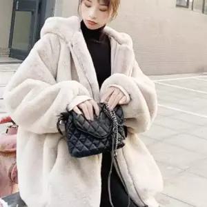 아이보리 플리스 퍼코트 여성 후드 캐주얼 데일리룩 따뜻한 고급스러운