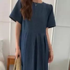 캐주얼 반팔 라운드 데님 원피스 셔링 A라인 스커트