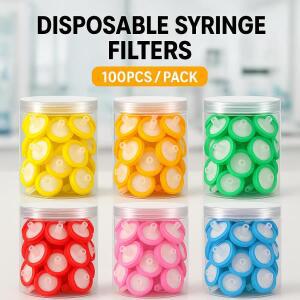 100개/상자 일회용 주사기 필터 13/25/33mm 0.22μm 0.45μm 실험실 사용 PES 나일론 PVDF PTFE PP MCE