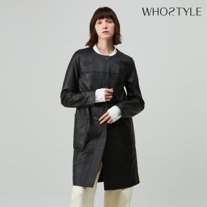 후스타일 여성 라운드넥 싱글 레더 코트 블랙