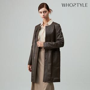 후스타일 여성 라운드넥 싱글 레더 코트 브라운