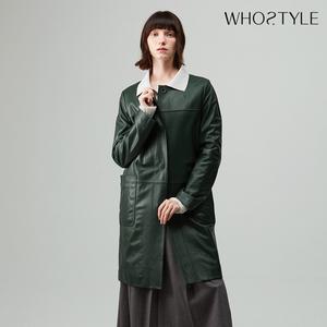 후스타일 여성 라운드넥 싱글 레더 코트 그린