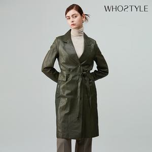 후스타일 여성 모노 레더 싱글 롱 코트 그린