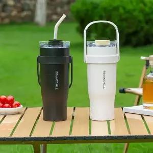 [골드스마일]TTN COFFEE 1.25L 대용량 핸들 거치대 텀블러 스텐빨대 솔포함 이중진공