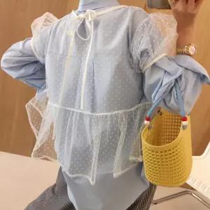 도트봉봉 땡땡이 오간자 시스루 리본 매듭끈 A라인 레이어드 반팔 여름 블라우스 (2color)
