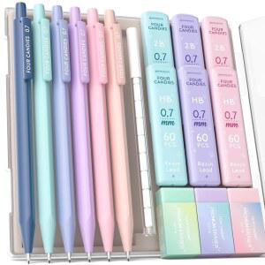 372개의 리드 및 지우개가 있는 사탕 6PCS 귀여운 기계식 연필 세트, 0.7mm 중간 지점, 360PCS(HB 2B) 리필이 연필, 쓰기 그리기용 12PCS 지우개 보관 케이