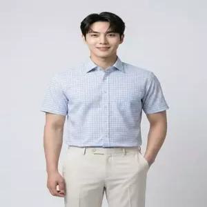 [오스틴리드][이지케어] 블루 린넨혼방 체크 반팔 셔츠-A2XC2210615B