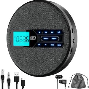 M-Amazup CD 플레이어 휴대용 듀얼 스피커 및 미끄럼 방지 기능이 있는 충전식 USB AUX LCD 디스플레이