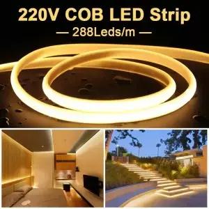 288 LED/M COB 스트립 조명 220V 소프트 테이프 IP65 방수 EU 전원 플러그 50m 정원 장식