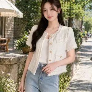 여성 트위드 자켓 데일리 노카라 캐주얼 여성 반팔 자켓 간절기 여름