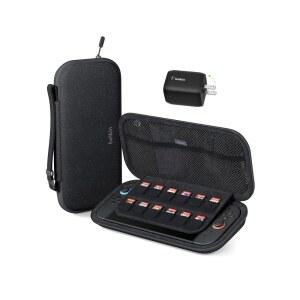 벨킨 게이밍 가방 휴대용 케이스( ) /하드 쉘 + 듀얼 USB C 월 충전기 65W /GAN 기술 번들 닌텐도 스위치 2 등 - 필수품 /에어태그 홀더 및 게임 스토리지
