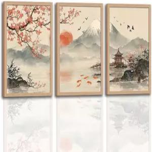 거실 침실 사무실 12x16인치용 사쿠라 벚꽃 산의 태양 풍경화 프린트를 걸 준비가 된 나무 프레임이 있는