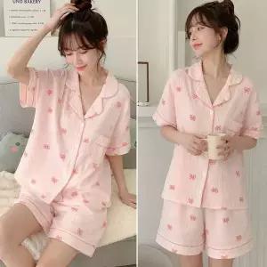 [하프클럽/]쿨 시어서커 베이비핑크 리본 파자마 여름 잠옷세트