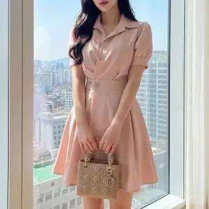 [하프클럽/]여자 모던 하객룩 퍼프 소매 카라 미니 플레어 원피스