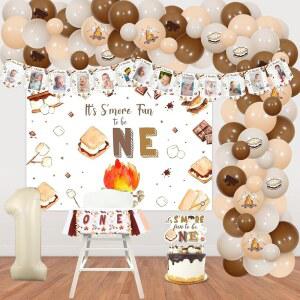 SURSURPRISE MORE 번째 생일 가랜드 캠프 토퍼 ONE FUN 캠핑 TO 용품 키트 배너 IT 배경 아치 장식 풍선 하이 체어 사진 캠핑카 파티 BE 케이크