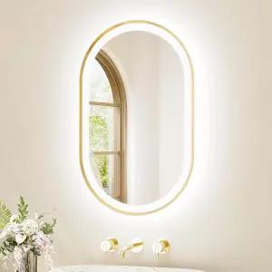 금색 타원형 LED 거울 조명이 20인치 x 32인치 금속 프레임 욕실 배니티 벽 장착 전면 및 백라이트 3색