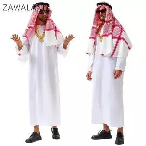 Zawaland 아라비안 쉐이크 코스프레 의상 성인 파티 복장 남성용 화려한 흰색 로브와 헤드스카프 전통