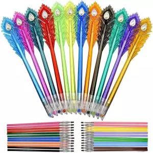 로플 12 PCS 컬러 피콕 깃털 펜 - 다이아몬드 헤드 팁이 있는 젤 24개의 리필 학교 사무실 생일 크리스마스
