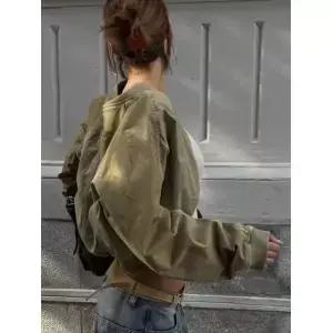 여성용 시크 카키색 라펠 칼라 지퍼 클로저 재킷 포켓 디테일 긴소매 크롭 블루종 스트리트웨어 캐주얼 Y2K