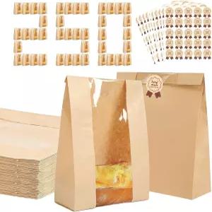 수제 빵을 위한 가비 250팩 봉지 투명 창 및 라벨 씰 스티커가 있는 대형 크래프트 페이퍼 베이커리 베이킹