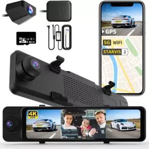 3채널 후방 뷰 미러 카메라 4K+1080P 전방 및 차량용 12인치 터치스크린 백업 5GHz WiFi GPS 24시간 주차