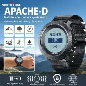 노스 엣지 아파치-D 남성용 시계 프리다이빙 스포츠 디지털 고도계 기압계 나침반 세계 시간 방수 100M