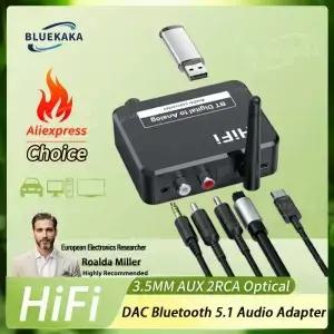 BLUEKAKA DAC 및 Bluetooth 5.1 오디오 수신기 디지털-아날로그 변환기 3.5mm AUX RCA U-Disk 광 잭
