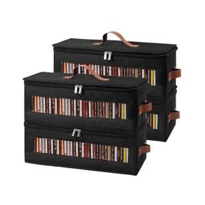 Qozary CD 보관함 - 투명 창이 있는 4팩 CD 케이스 홀더, 150개의 보석 케이스, DVD용 미디어 보관 랙, CD, 비디오 게임 디스크, 블루 레이 디스크-16.5 8.3 8인치, 블랙