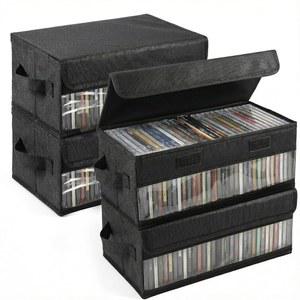 보이는 창문이 있는 4팩 CD 보관함, 방진 뚜껑과 손잡이가 있는 쌓을 수 있는 CD 케이스 홀더, 접이식 DVD 패브릭 케이스 홀더, 전체 보석 케이스(14.6 6.5 5.5 인치)에 최대 32장의 CD를 보관할 수 있습니다