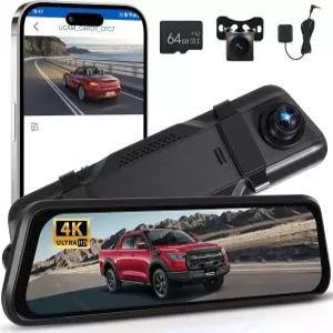차량용 4K 미러 대시 캠 백업 카메라 GPS ADAS BSD WiFi 및 앱 제어 전면 후면 뷰 Driauto 9.66인치 터치
