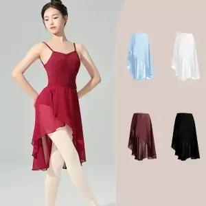 여성 발레 랩 스커트 블랙 쉬폰 댄스 성인 허리 조절 버클 십대 불규칙