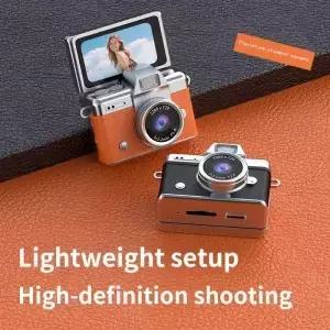 레트로 스타일 미니 CCD 카메라 플립 스크린 넥 디자인 휴대용 스포츠 야외 여행 브이로그 사진 촬영용