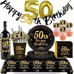 남성 여성을위한 50 번째 생일 파티 용품 검정과 금색 세 종이 접시 컵 냅킨 식탁보 식기 장식
