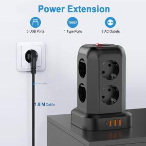 타워형 8구 멀티탭 수직형 1.8m 연장 코드 EU 플러그 3개의 USB 포트 1개의 타입-C 과부하 보호 스위치 포